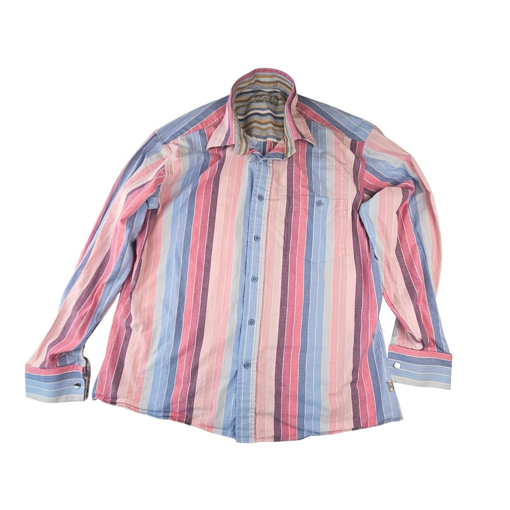 Raider Mens XL Vintage 1990s Y2k Striped Button Down Shirt Pink Blue Cufflinks